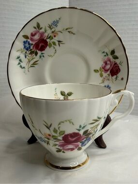 Royal Grafton Bone China Teacup and Saucer Set in White with Rose Floral Accents